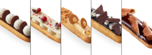Chococtober 2014 - de g. à d. : chocolat/coco de Claire Heitzler, chocolat blanc, olive et groseille de Stéphanie Le Quellec, chocolat blond et citron confit de Céline Leroy, chocolat noir et menthe de Christelle Brua et chocolat noir, caramel et gavotte de Christophe Adam © L'Eclair de Génie
